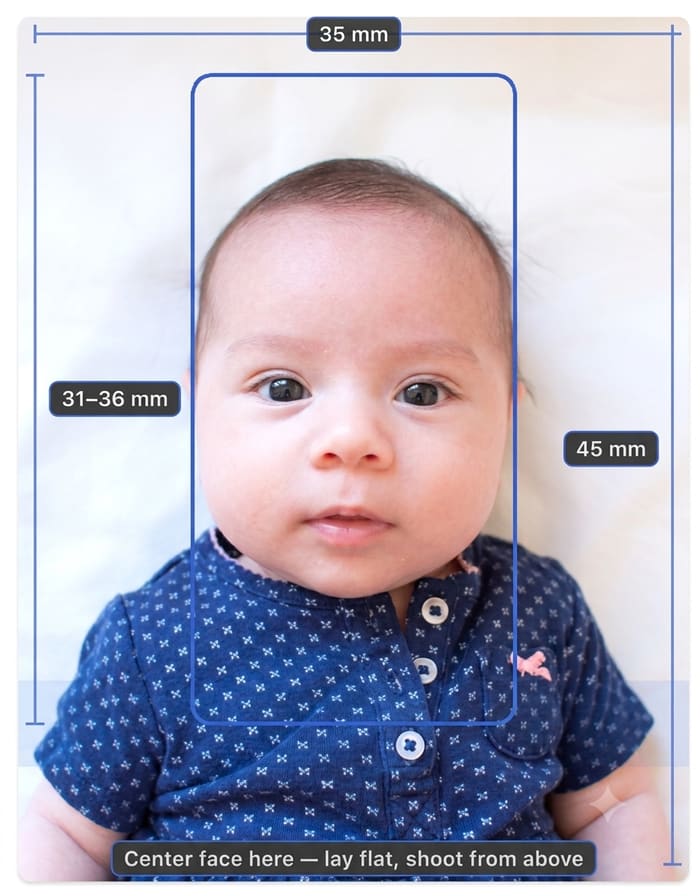 Example newborn passport photo: baby lying flat on a plain white sheet, photographed from directly above with even lighting and no shadows